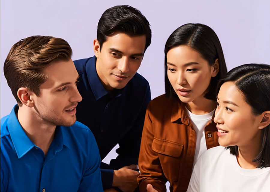 Four young adults closely gathered in conversation, two women and two men, looking engaged and attentive.
