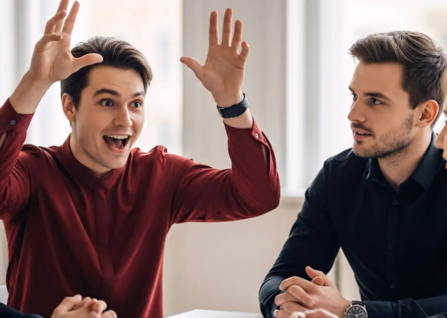 Two men sitting at a table near a window, one excitedly raising his hands while the other watches attentively.