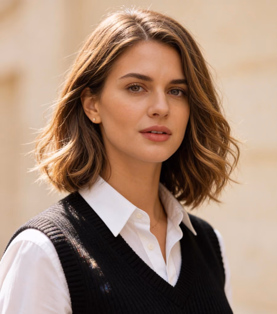Portrait of a woman with shoulder-length wavy light brown hair wearing a white button-up shirt and a black sleeveless sweater, looking slightly to the side with a neutral expression against a soft, blurred beige background.