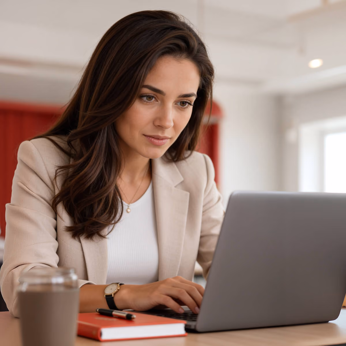 Young woman with long brown hair and beige blazer working intently on a laptop at a desk with a red notebook, pen, and coffee cup.