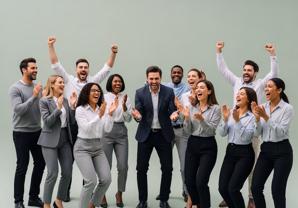 A diverse group of business professionals standing together, smiling, clapping, and cheering in celebration against a plain light green background.
