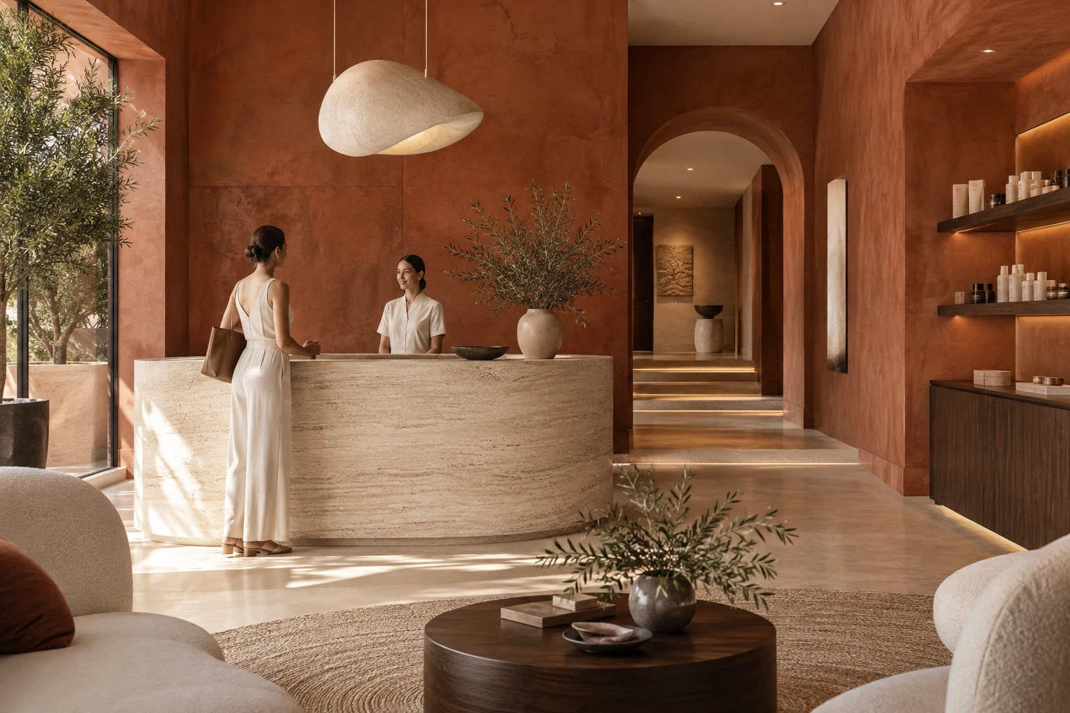Warm terracotta-toned clinic reception