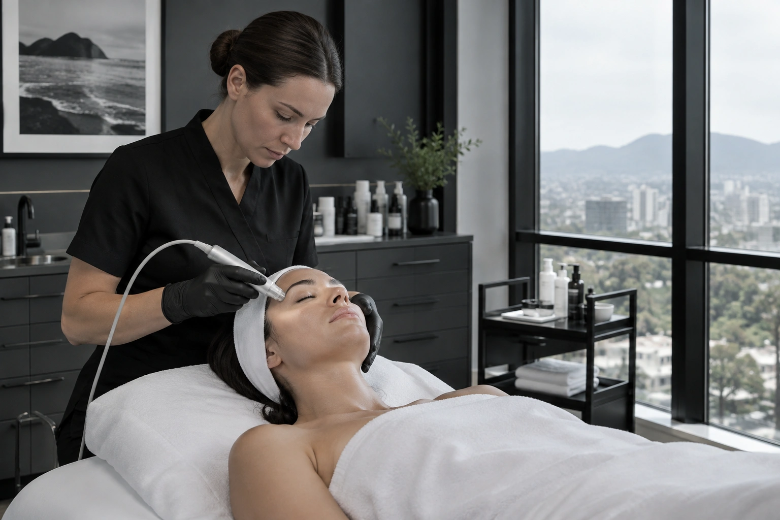 A skin treatment in a modern aesthetics clinic