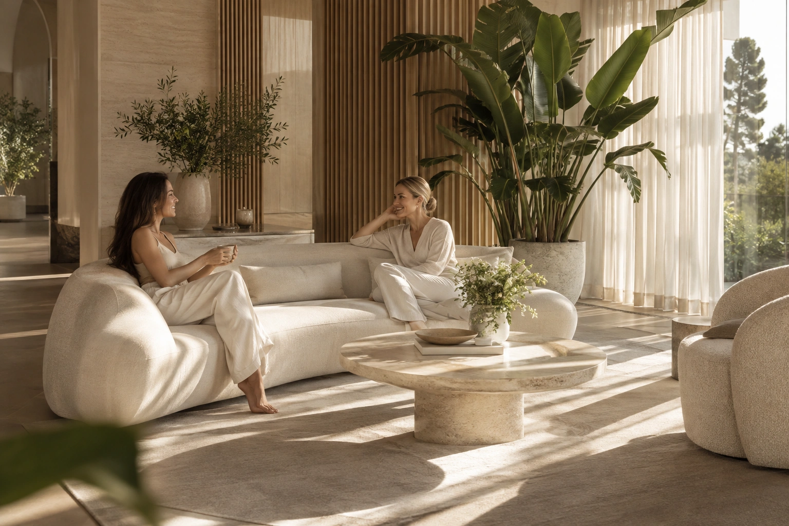 Two people talking in a bright wellness lounge