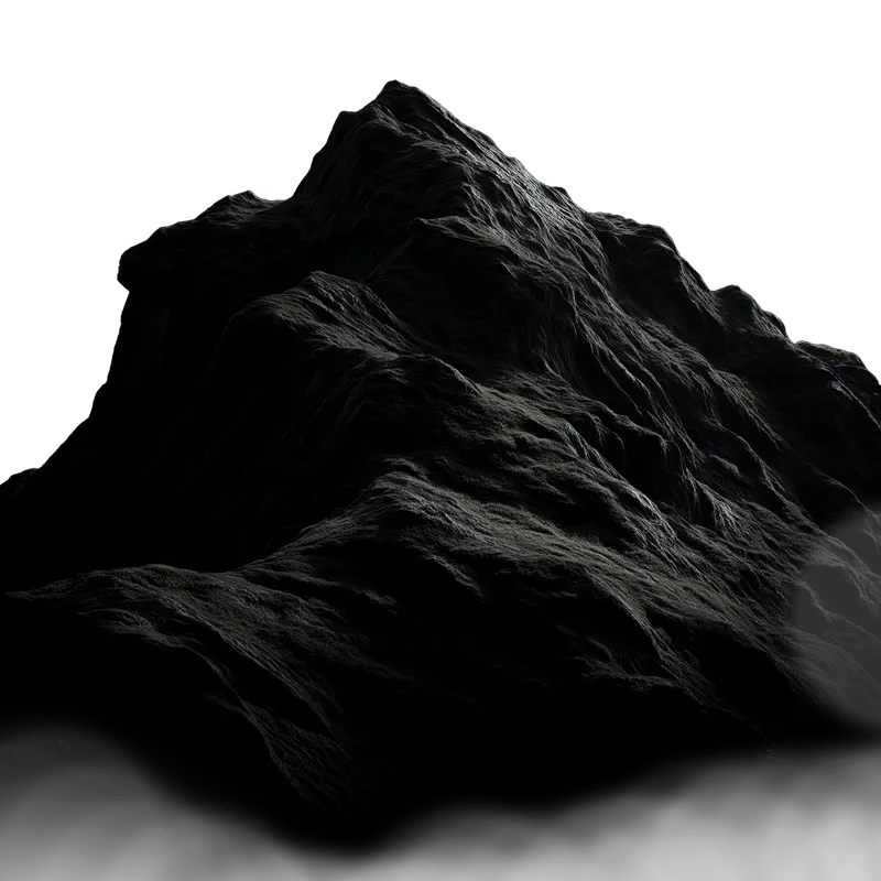Dark mountain peak illuminated by soft light against a black background.