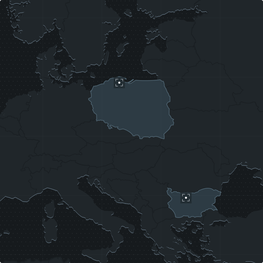 Map of Central and Eastern Europe highlighting Poland and Bulgaria in a dark theme.