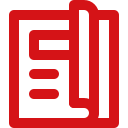 Red icon of a rolled-up magazine with horizontal lines representing text on the front page.