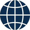 Dark blue globe icon with latitude and longitude lines.