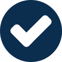 White check mark inside a dark blue circle.
