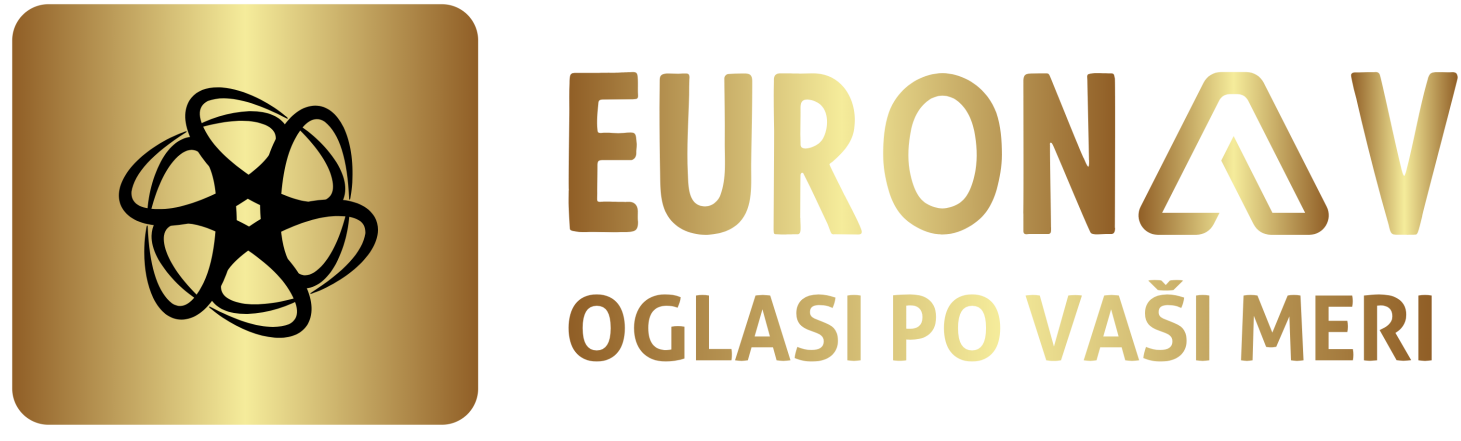 Euronav logo with a stylized black geometric shape inside a gold rounded square, next to the text EURONAV in gold gradient capital letters above the slogan OGLASI PO VAŠI MERI in smaller gold letters.