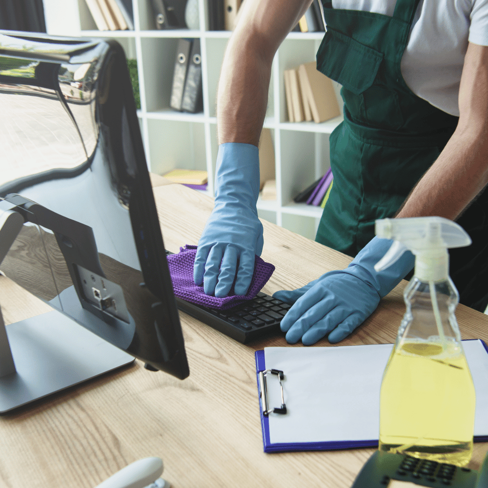 Reinigungskraft reinigt einen Schreibtisch mit Monitor und Tastatur im Büro