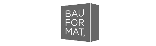 Dreidimensionales graues Logo mit dem Text BAUFORMAT.