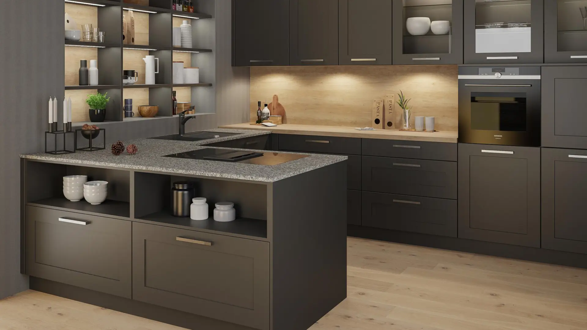 Moderne Küche mit dunklen Schränken, Granit-Arbeitsfläche und Holz-Rückwandbeleuchtung.