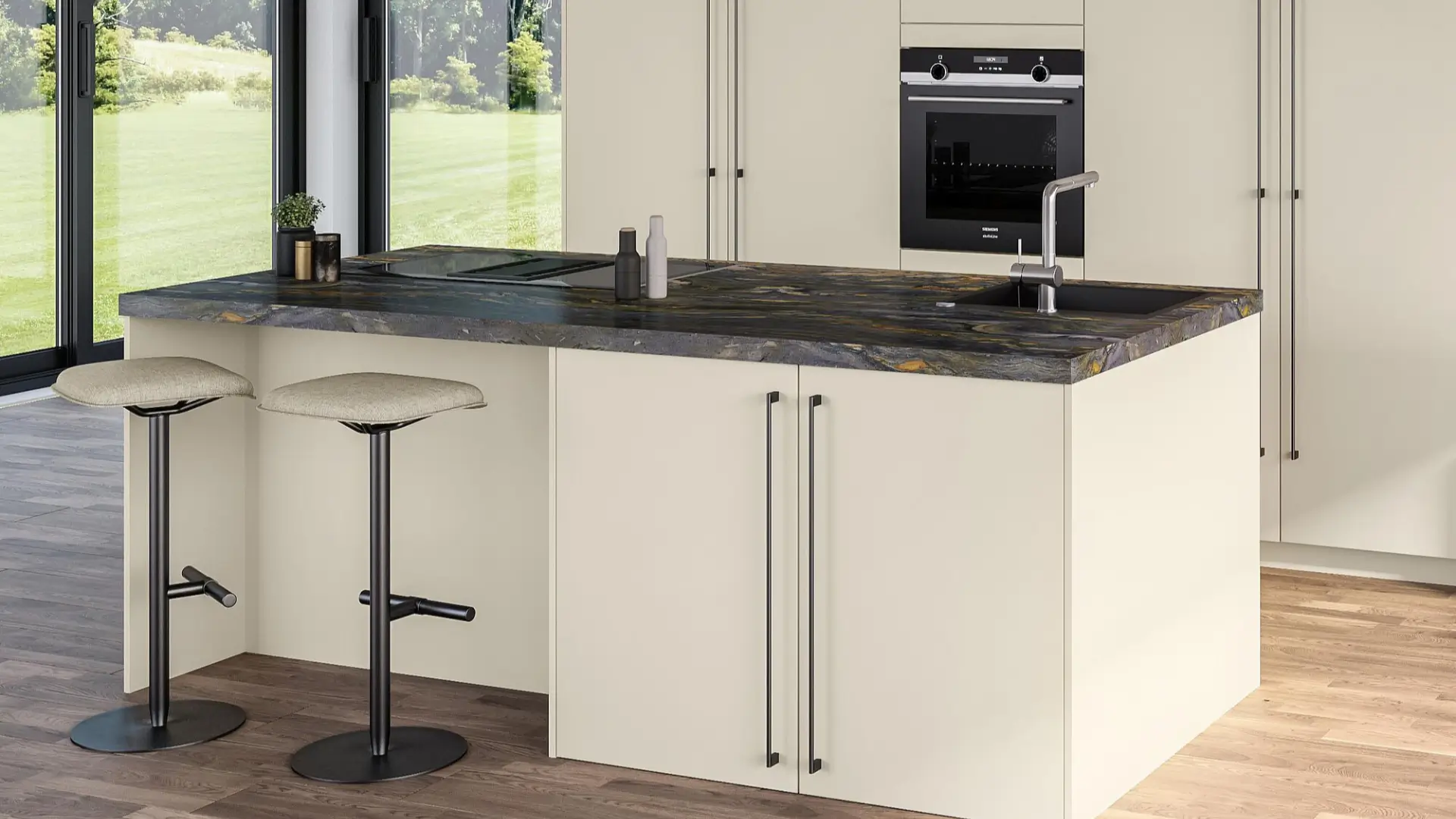 Moderne Küche mit Kücheninsel, zwei Hockern, Granit-Arbeitsplatte und eingebautem Backofen.