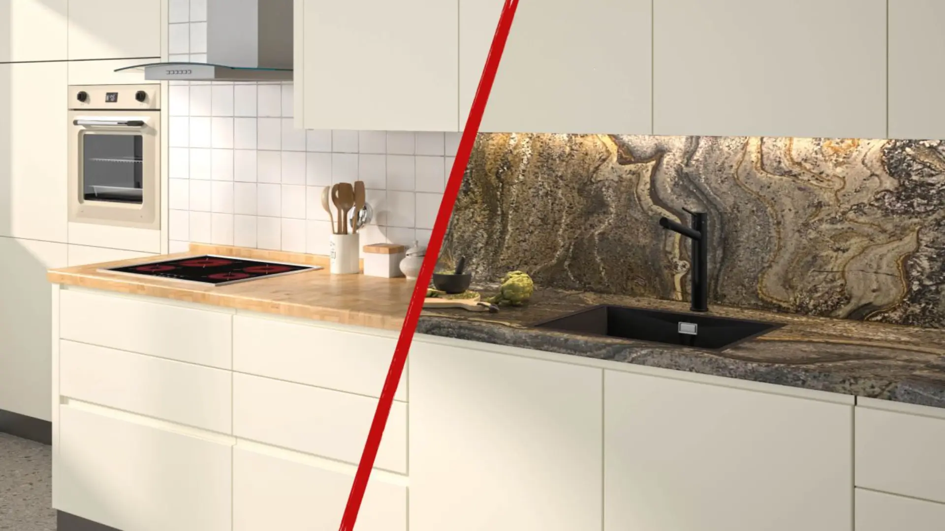 Küchenarbeitsplatten-Vergleich: links schlichtes Holz, rechts dunkler Stein mit Muster und schwarzer Spüle.