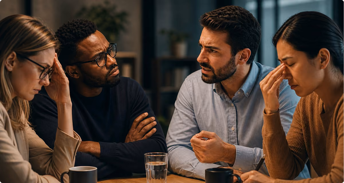 Four colleagues around a table talking over each other and looking frustrated: what teamwork looks like when accountability breaks down