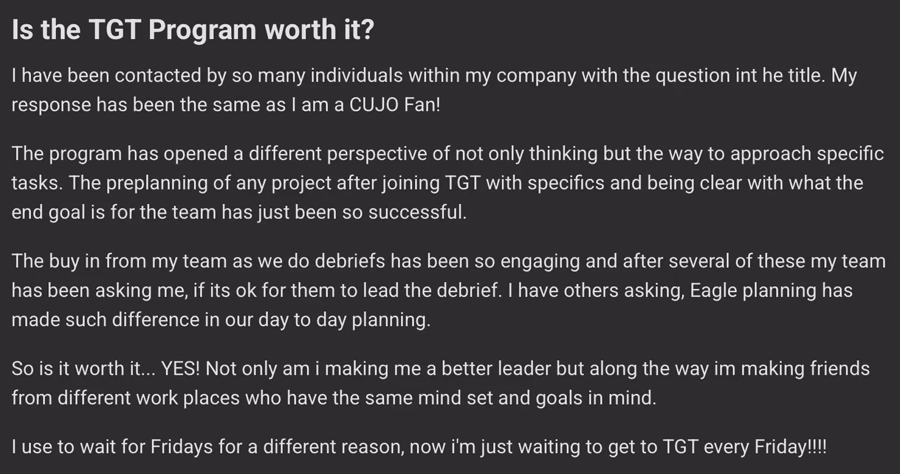 Written Top Gun Teamwork participant review titled Is the TGT Program worth it, on team accountability training, answering yes
