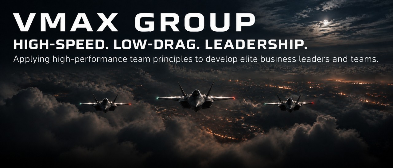 Three fighter jets flying in formation above the clouds at night, with the VMax Group tagline High-Speed. Low-Drag. Leadership.