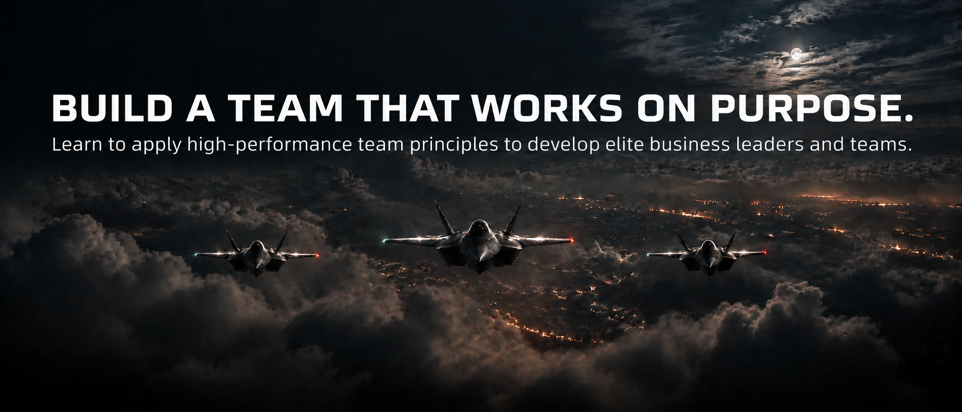 Three fighter jets flying in formation above the clouds at night, with the VMax Group tagline High-Speed. Low-Drag. Leadership.
