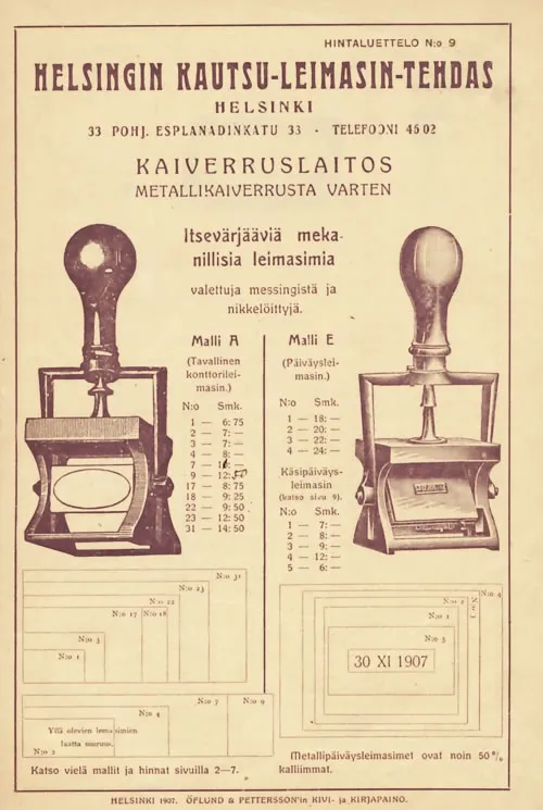 Helsingin Kautsu- ja Leimasintehtaan hinnasto vuodelta 1907