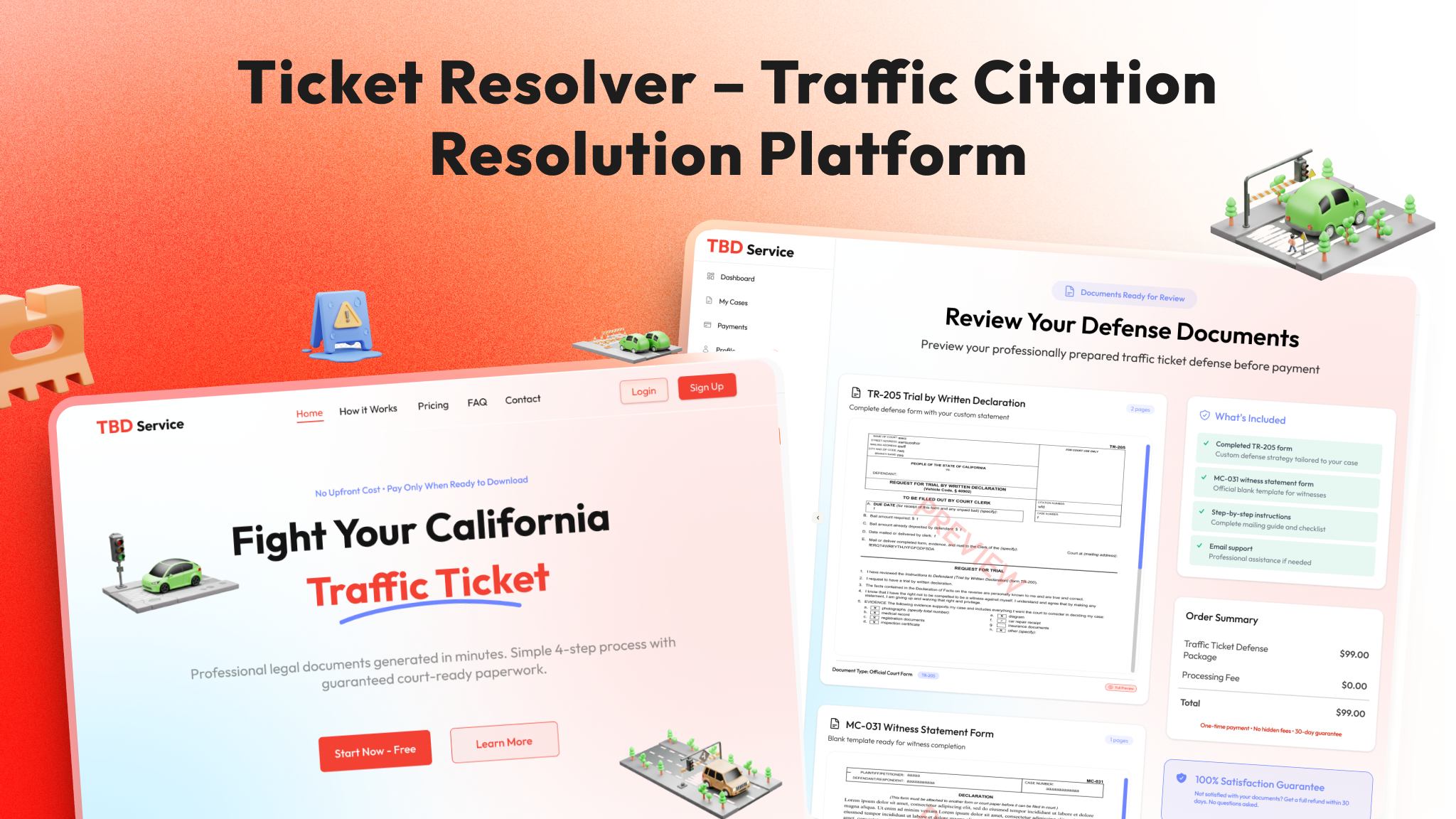 Website screenshot for Ticket Resolver, a traffic citation resolution platform, showing the homepage with text 'Fight Your California Traffic Ticket' and a preview screen to review defense documents including TR-205 Trial by Written Declaration and MC-031 Witness Statement Form, with pricing and satisfaction guarantee listed.