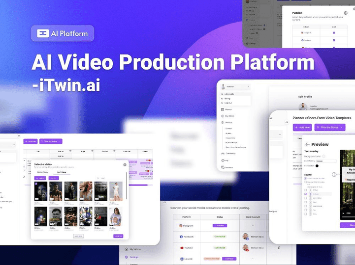 AI Video Production Platform iTwin.ai promotional graphic showing a blue and purple background with multiple screenshots of video editing, social media account connection, and video preview interfaces.