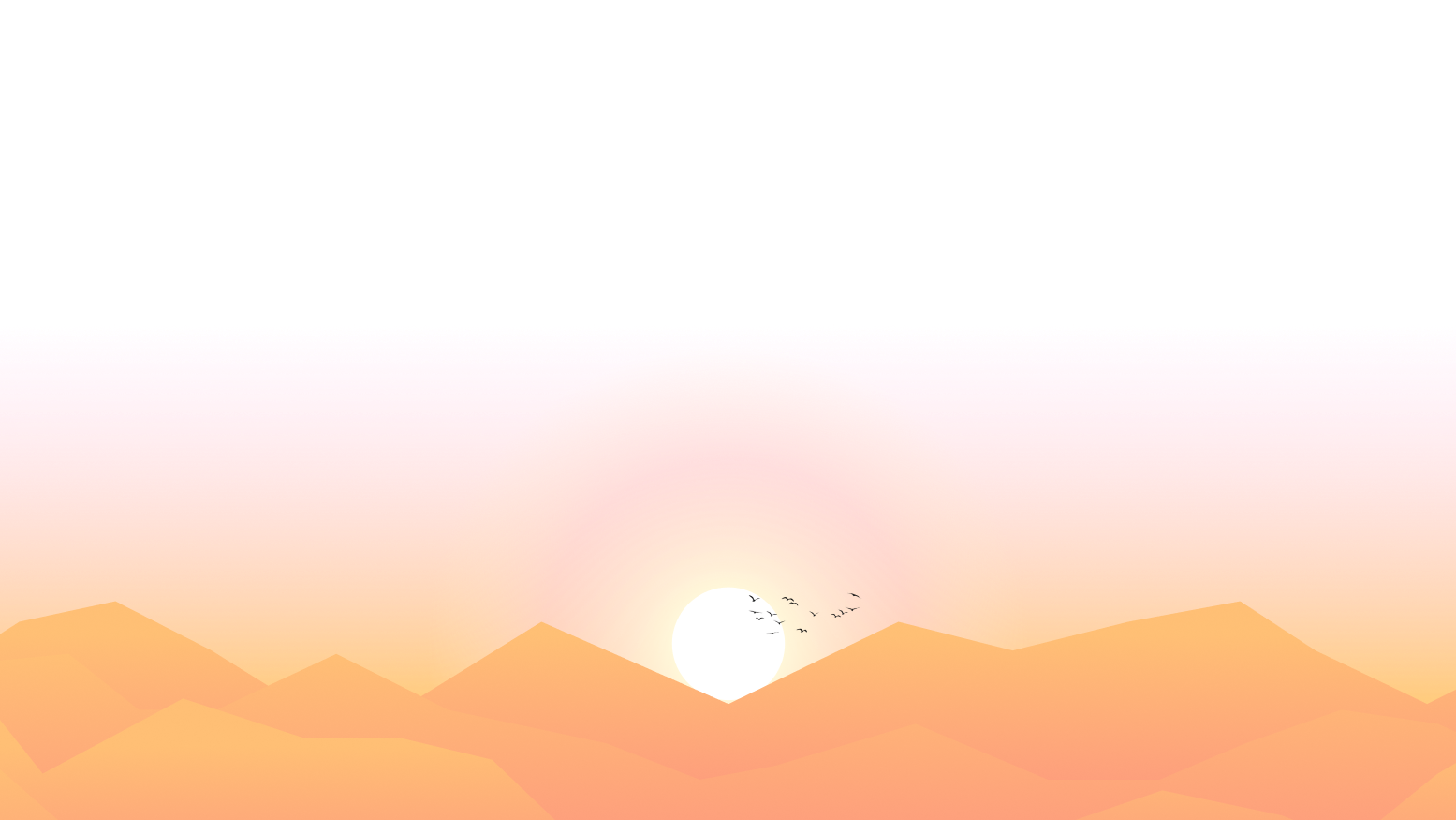 Sunset over a range of orange mountains with a pink and peach sky and a flock of birds flying near the sun.