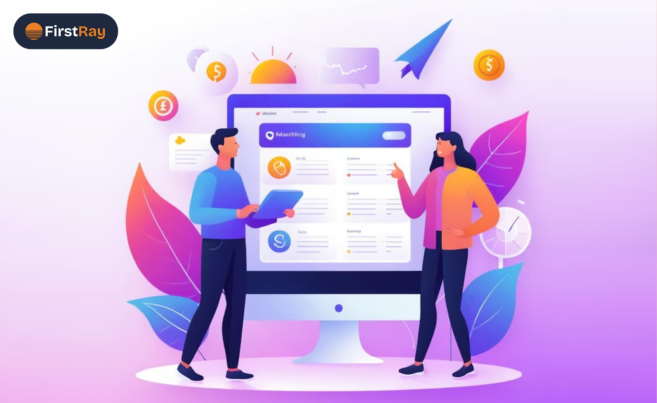 Illustration of a man holding a tablet and a woman pointing at a large computer screen displaying a dashboard with analytics and data, surrounded by abstract leaves and floating icons like a paper plane, sun, and currency symbols, with FirstRay logo in top left corner.