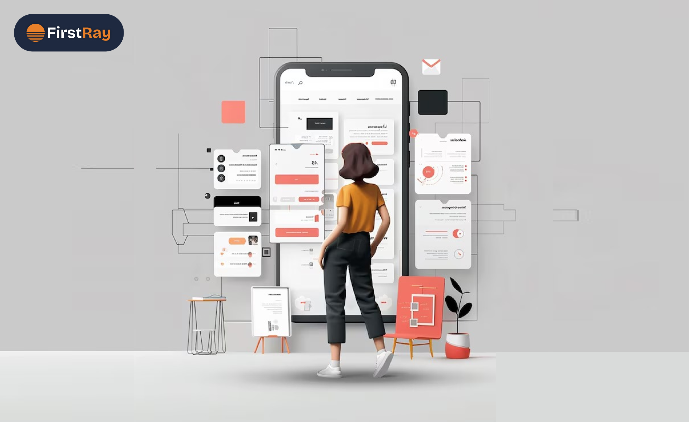 A woman with brown hair, wearing a yellow shirt and black pants, stands facing a large digital screen resembling a smartphone, surrounded by floating app interfaces and charts, against a gray background with minimalistic decor including a small table, easels, and a potted plant.