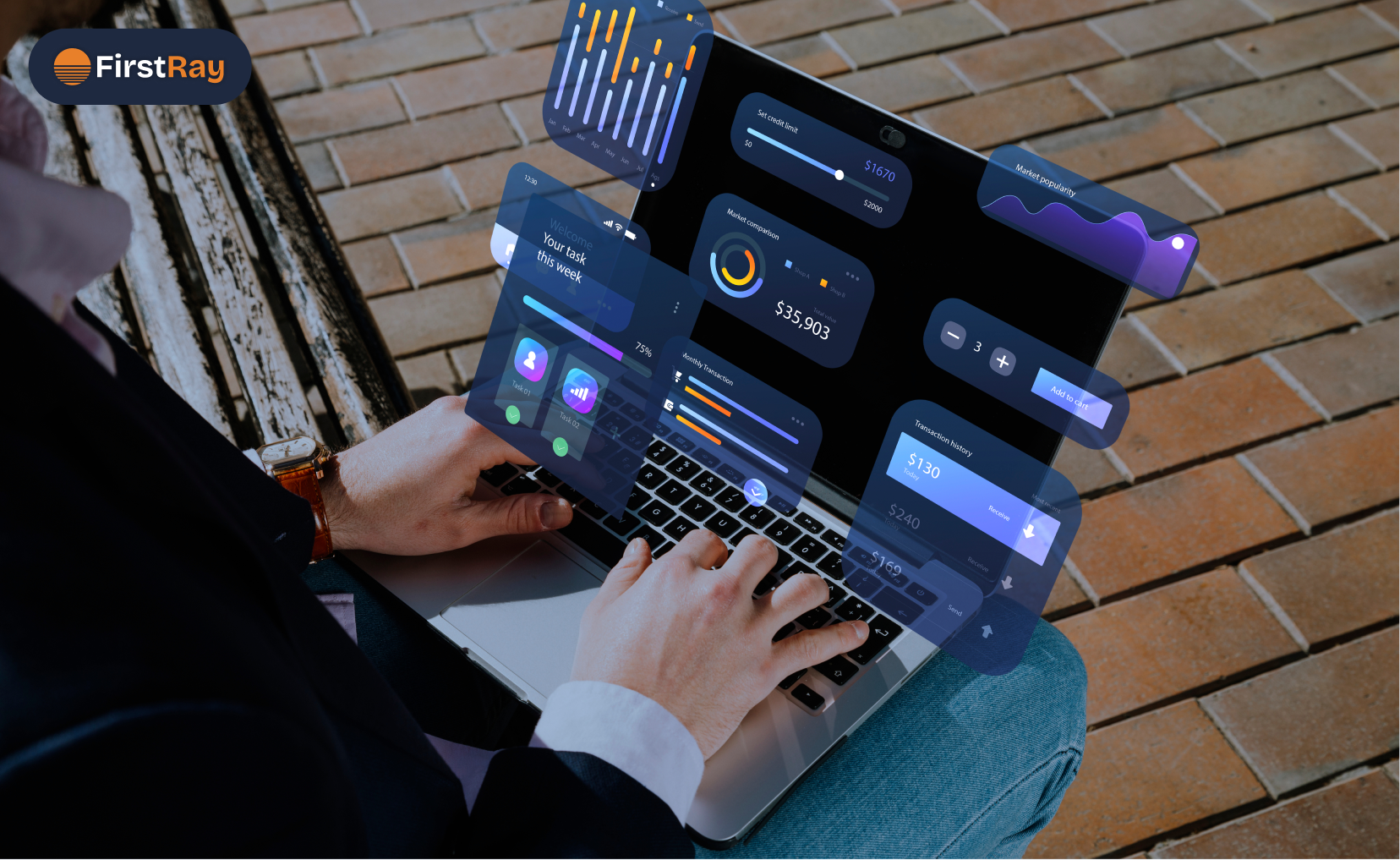 Person typing on a laptop on their lap, with digital augmented reality style financial charts and user interface elements floating above the keyboard, showing data like market comparison, monthly transactions, transaction history, task progress, credit limit, and a button to add items to cart.