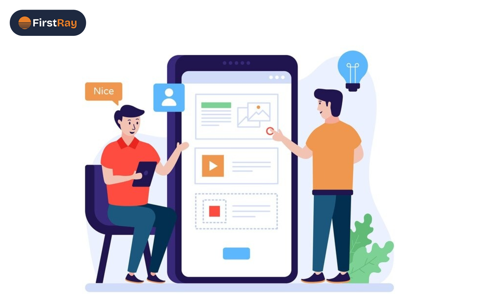 Illustration of two men interacting with a large smartphone screen showing content blocks with text, images, and a video icon, one sitting with a tablet and a speech bubble saying 'Nice', the other standing with a light bulb icon above his head.