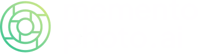 Logo featuring a green circular maze design next to the text 'memento photo.ai' in white.
