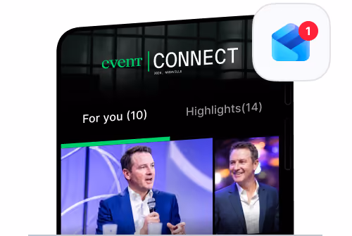 Close-up of a smartphone screen showing the cvent CONNECT app interface with two tabs, "For you (10)" and "Highlights (14)," and thumbnails of two men speaking at an event.