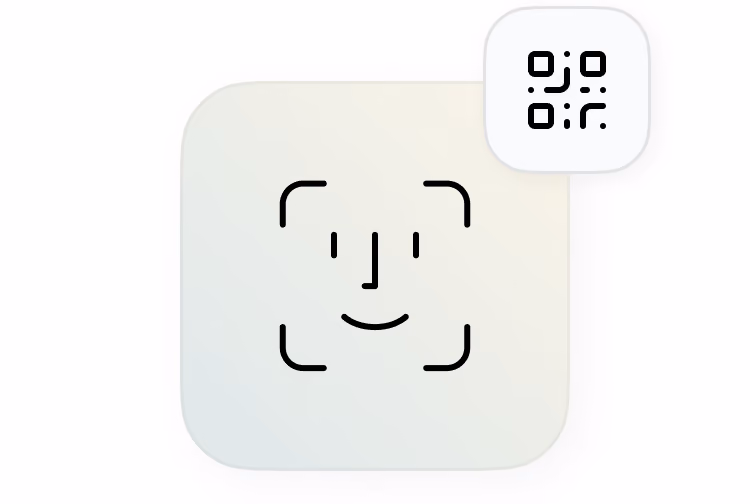 Black line icon of a smiling face inside a square frame with rounded corners, overlaid with a smaller white square containing a QR code pattern in the top right corner.