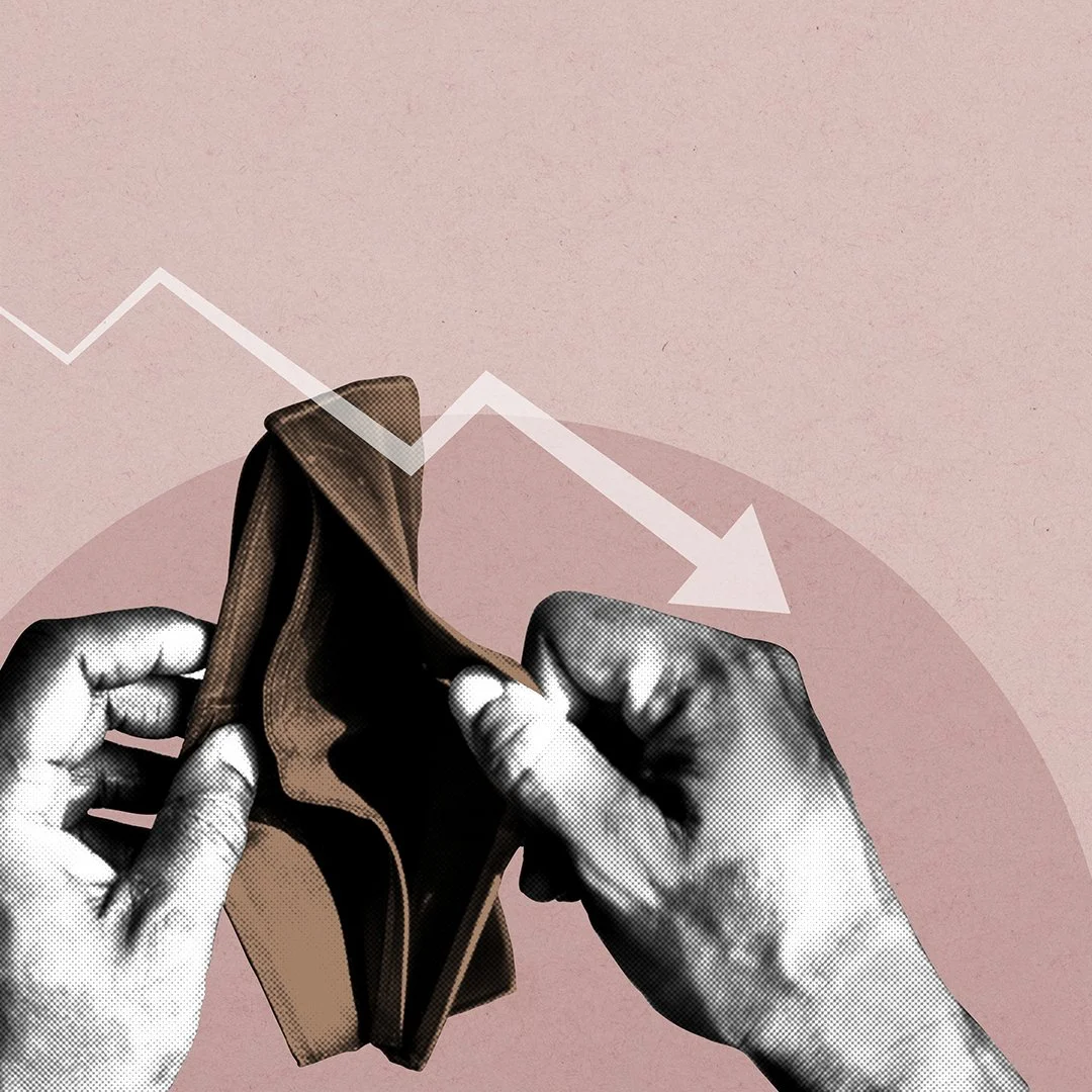 Illustration of hands shaking out an empty wallet beneath a falling arrow