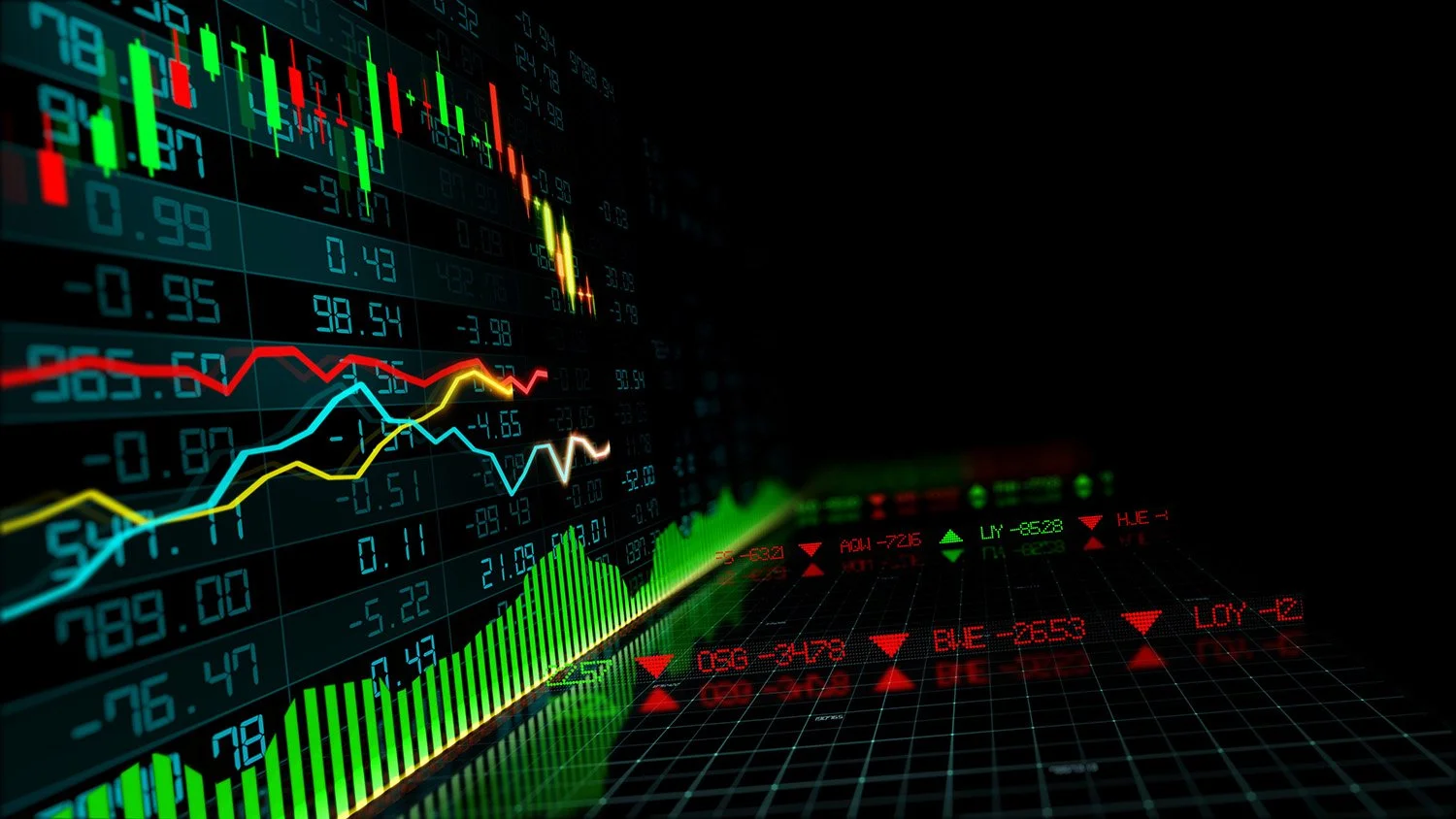 Stock market figures and candlestick charts glowing on a dark trading screen