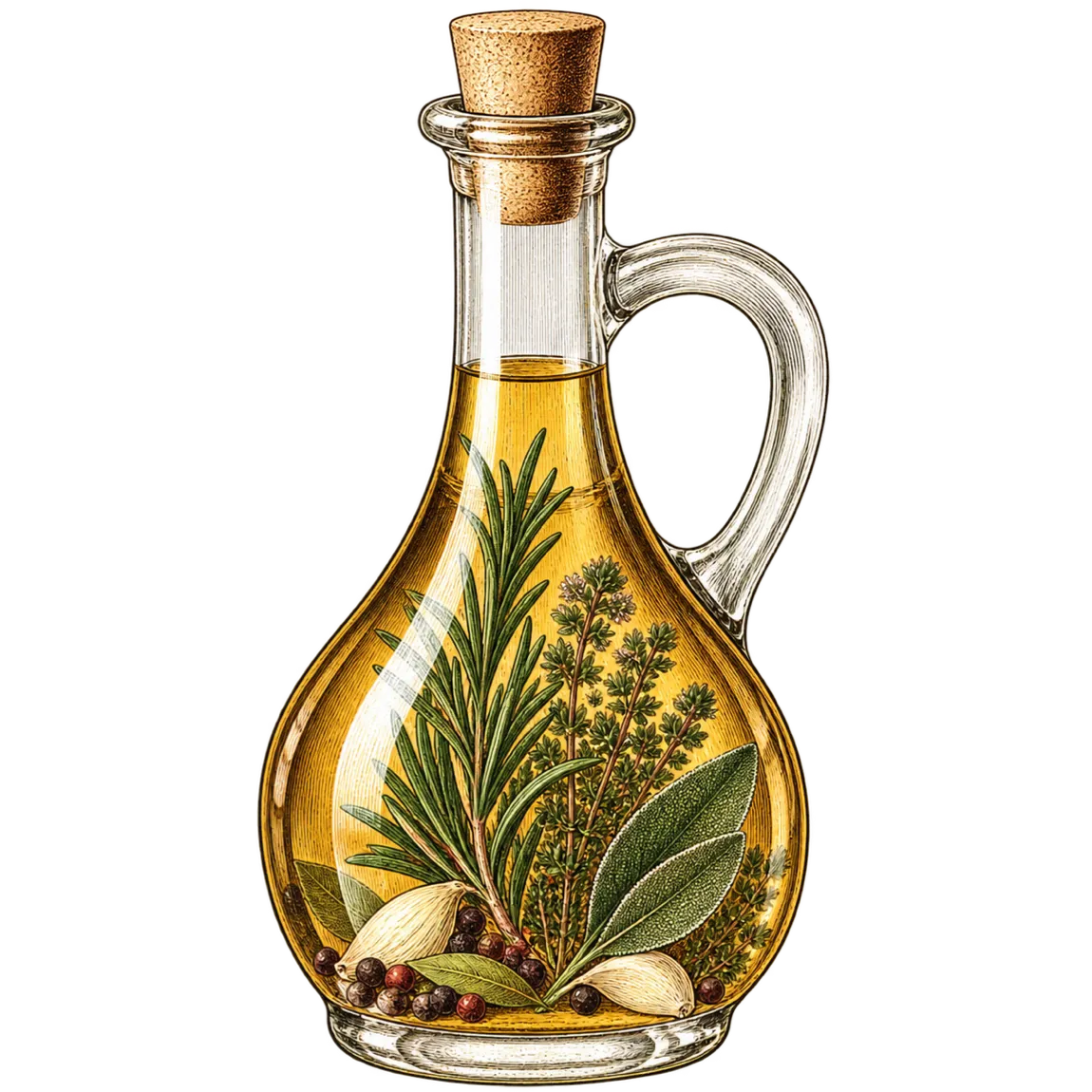 Glasflasche mit Olivenöl, Kräutern und Gewürzen