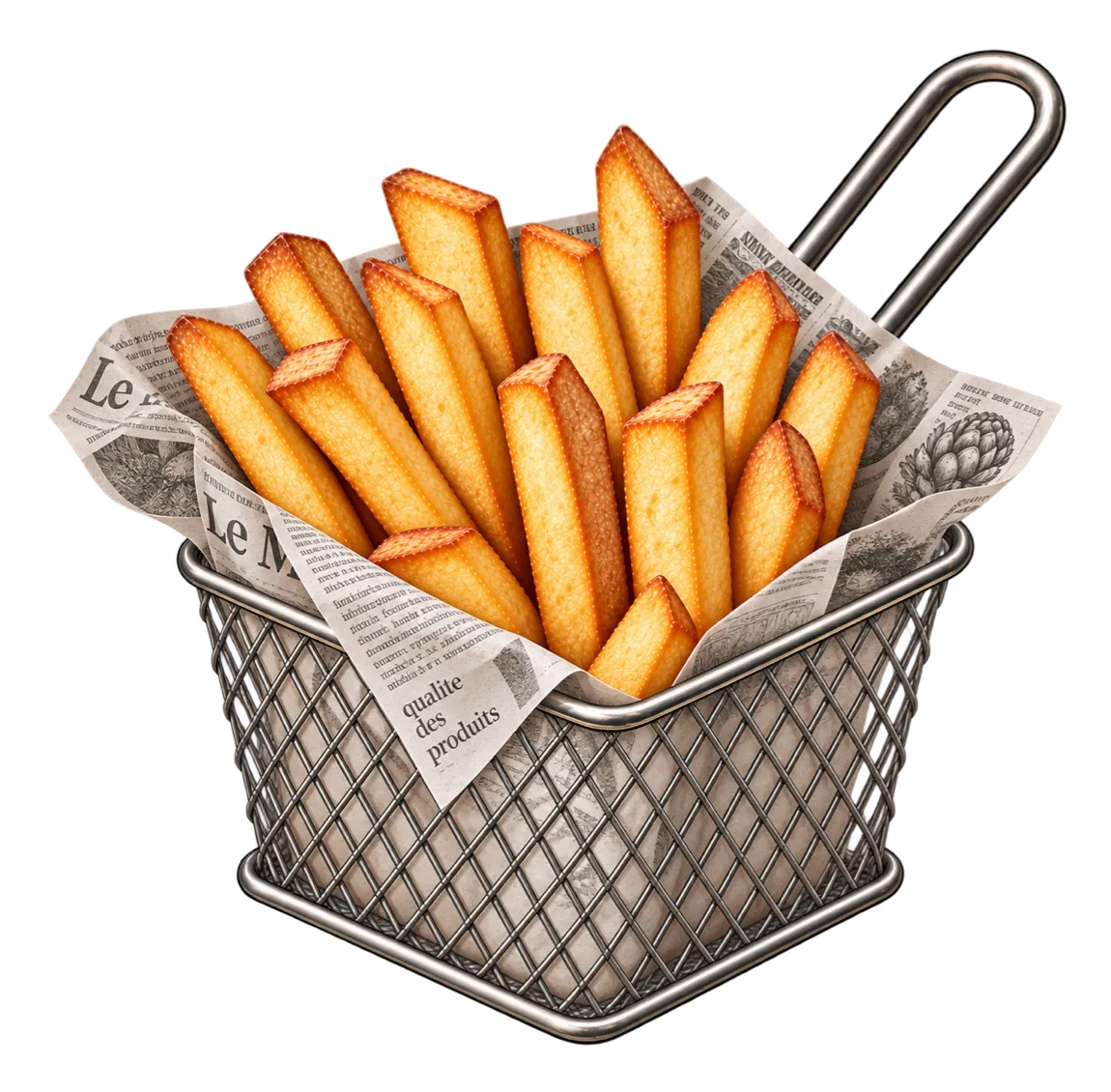 Frittierkorb mit Pommes frites auf Zeitungspapier