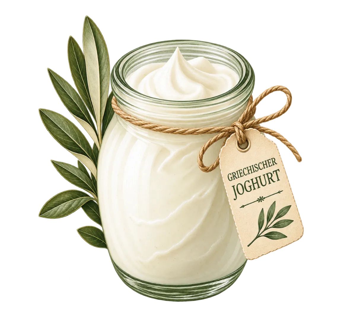 Glas mit griechischem Joghurt, Olivenzweigen und Etikett