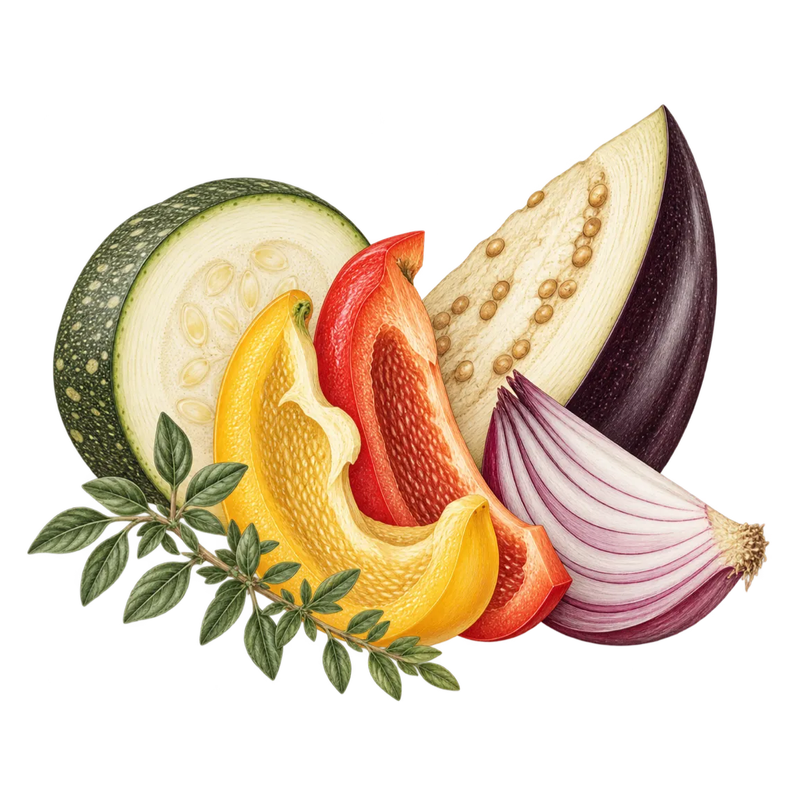 Geschnittene Zucchetti, Peperoni, Aubergine und rote Zwiebel mit Kräuterzweig