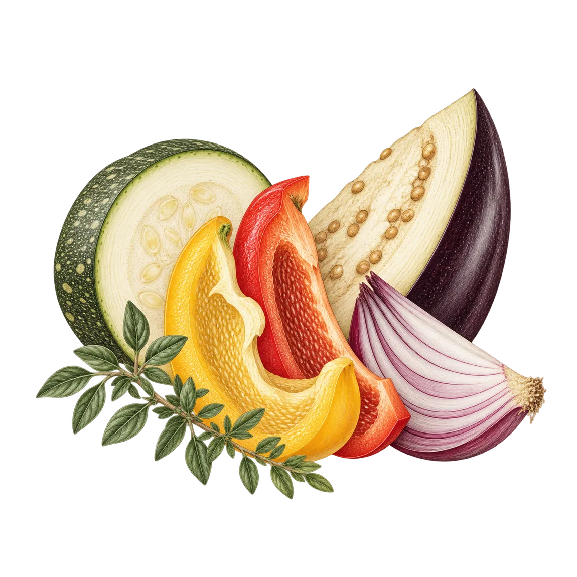 Geschnittene Zucchetti, Peperoni, Aubergine und rote Zwiebel mit Thymian