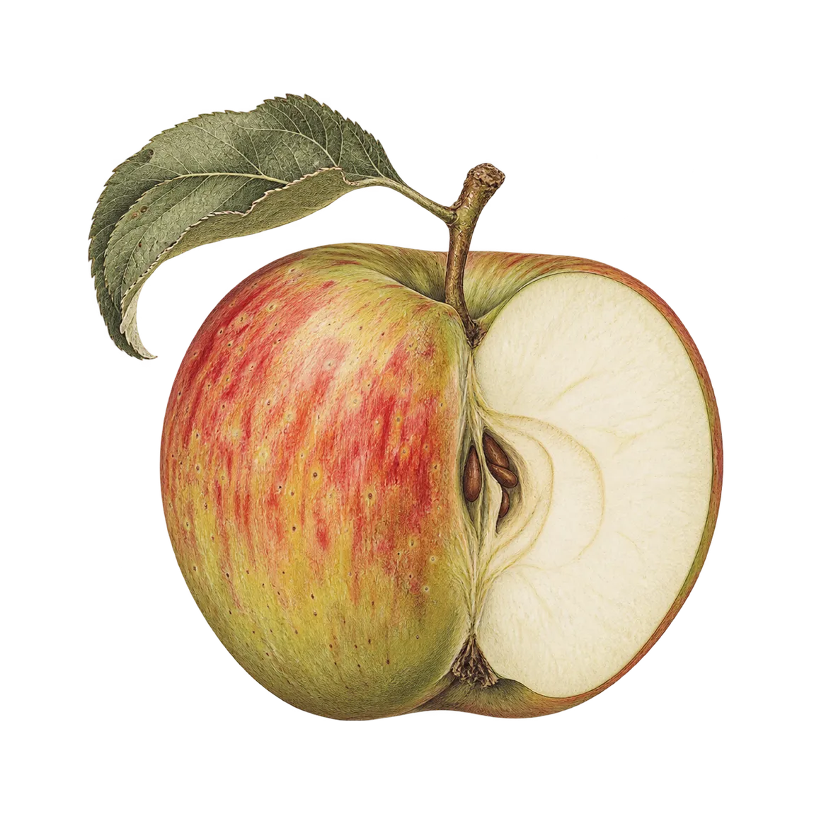 Cox-Orange-Apfel, halbiert, mit Blatt