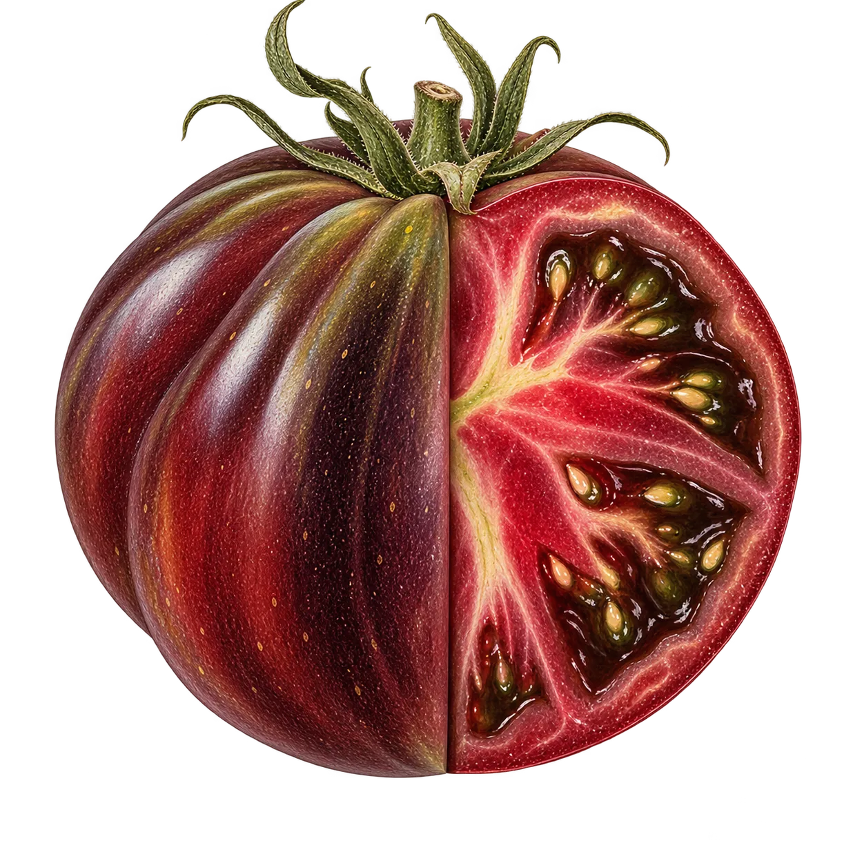 Cuore di Bue: Fleischtomate, halbiert, mit sichtbarem Fruchtfleisch und Kernen