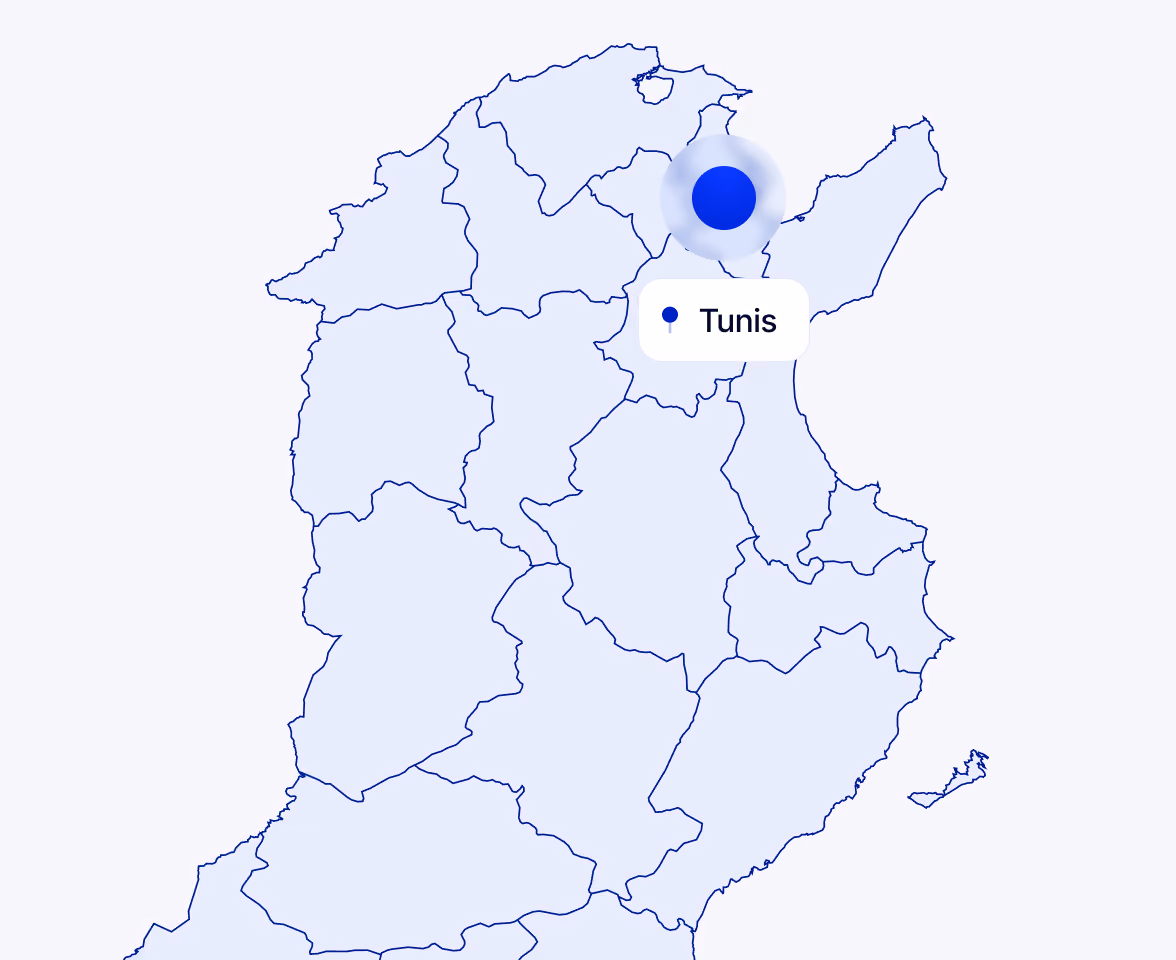 Carte de la Tunisie divisée en ses gouvernorats, avec un point bleu indiquant la position de Tunis dans la partie nord-est du pays.