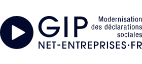 Logo GIP NET-ENTREPRISES-FR avec un triangle de lecture à gauche et le texte Modernisation des déclarations sociales à droite.