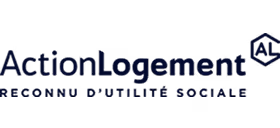 Logo d'Action Logement avec un bouclier marqué AL et le texte « Reconnue d'utilité sociale » en dessous.