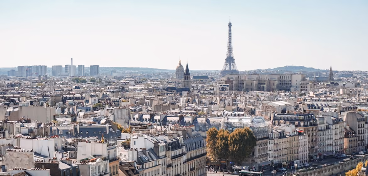 Vue panoramique de Paris avec la Tour Eiffel au centre, entourée de toits d'immeubles anciens et quelques arbres en premier plan sous un ciel clair.