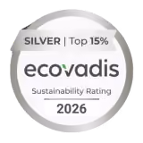 Badge EcoVadis niveau Argent, indiquant un classement dans les 15% meilleurs, avec une note de durabilité pour 2026.