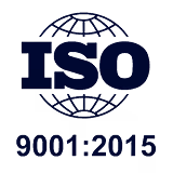 Logo ISO avec un globe terrestre stylisé et les chiffres 9001:2015 en dessous.