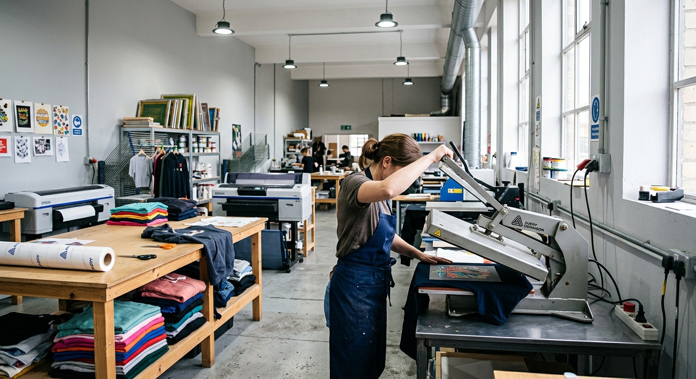 Textildruck und Transferpresse in der Werkstatt